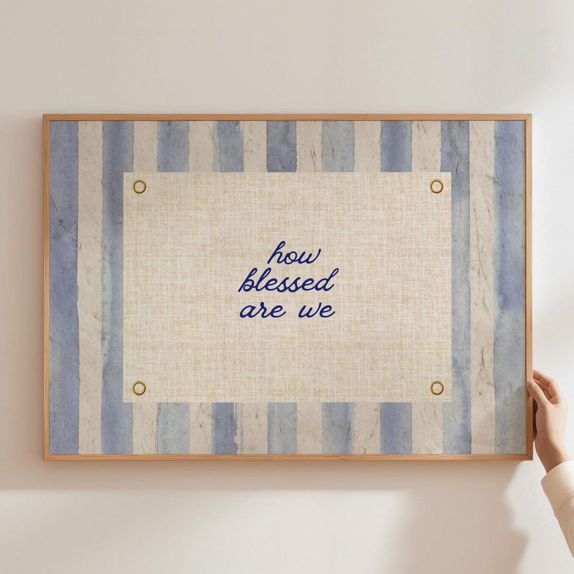 How Blessed Are We Navy Script Coastal Striped Banner Poster