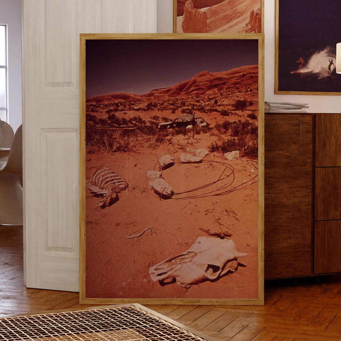 Cow Skull In The Desert Print Fine Art Photography Desert Landscape Wall Decor Abandoned Car Photo For Bar Room Retro Summer Y2k Photo 1970s