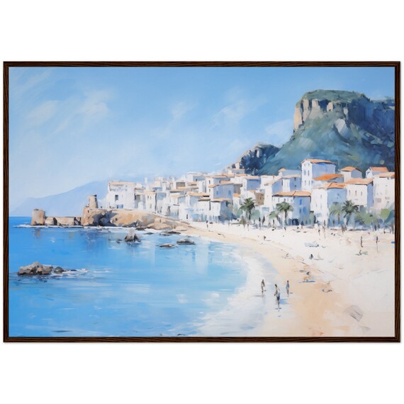 Sicily Italy White Coastal Village Beach Mediterranean Oil Painting Poster