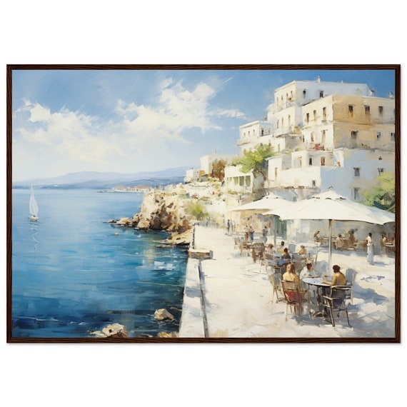 Oil Painting Greece Wall Art Santorini Island Claude Monet Print Handpainted Aegean Seascape Decor For Travel Lovers