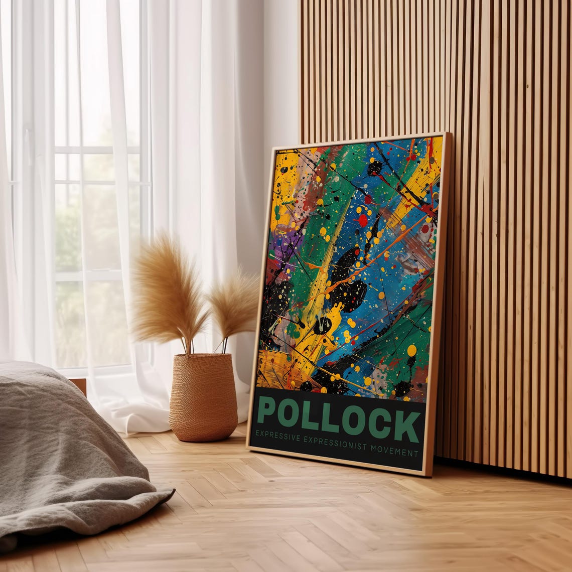 Pollock Bold Color Drips Abstract Poster with Green Lettering Band - Image 2