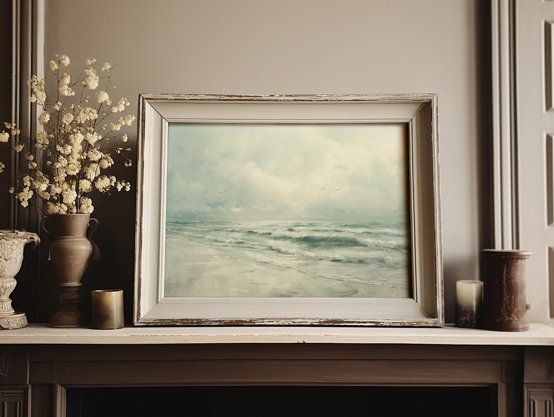 Misty Green Ocean Waves With Seabirds Seascape Painting Poster - Image 3