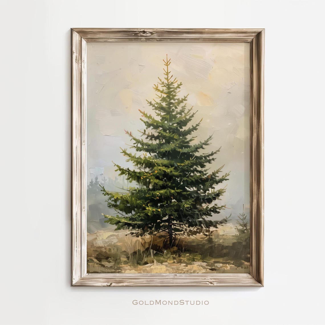 Lone Evergreen Pine Tree Misty Vintage Forest Landscape Poster