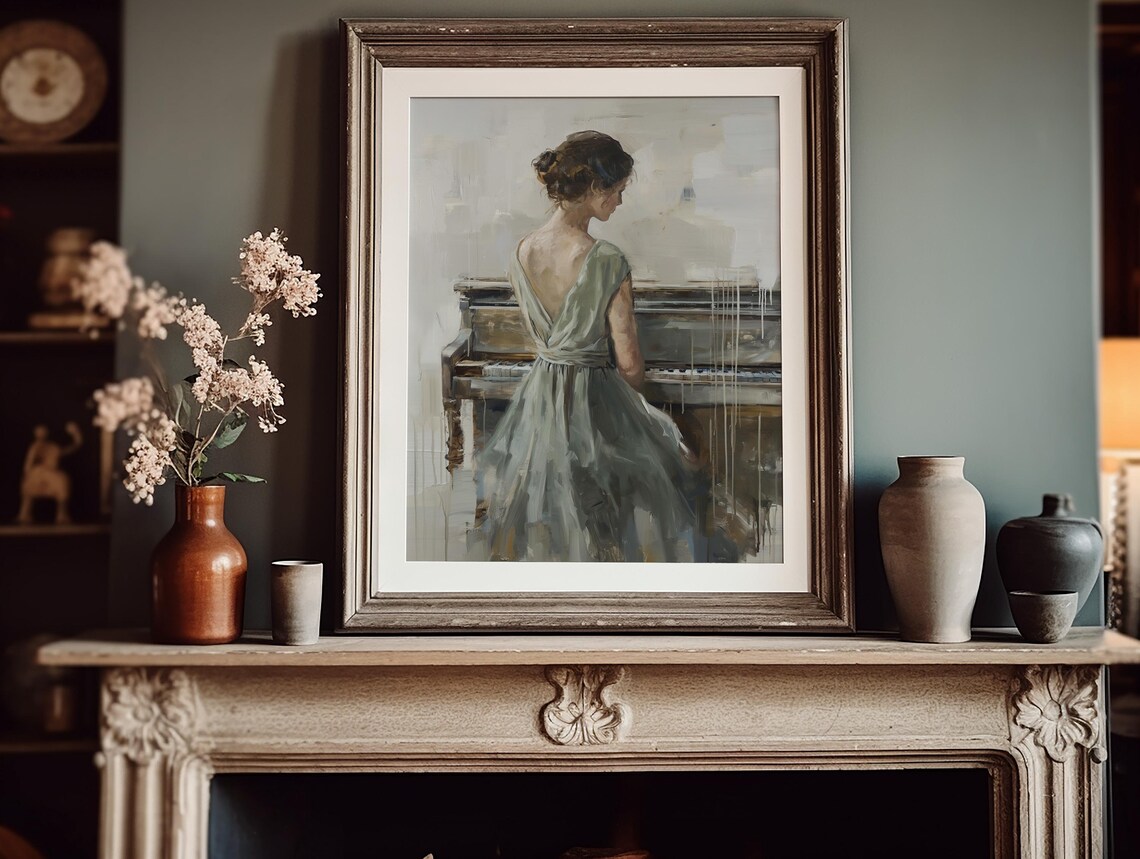 Graceful Woman In Sage Green Dress Beside Piano Painting Poster - Image 3