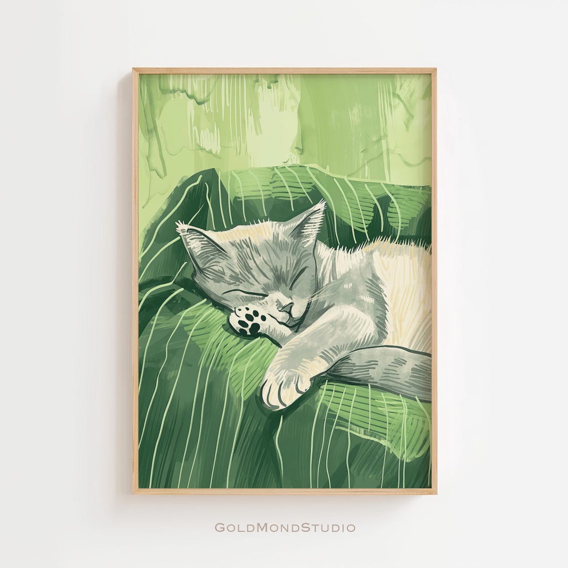Sleeping Gray Tabby Cat On Green Striped Blanket Decor Poster