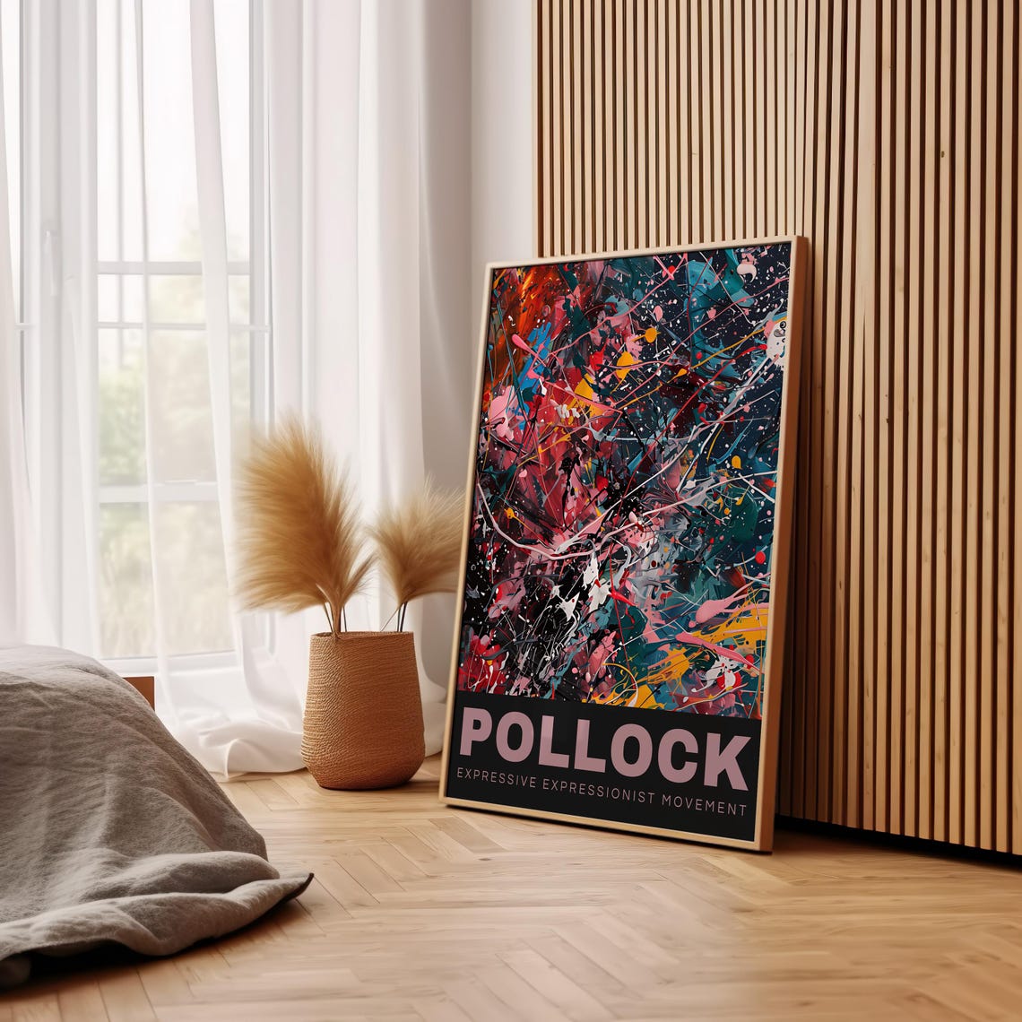 Pollock Multicolor Splatter Abstract Poster with Pink Lettering Band - Image 2