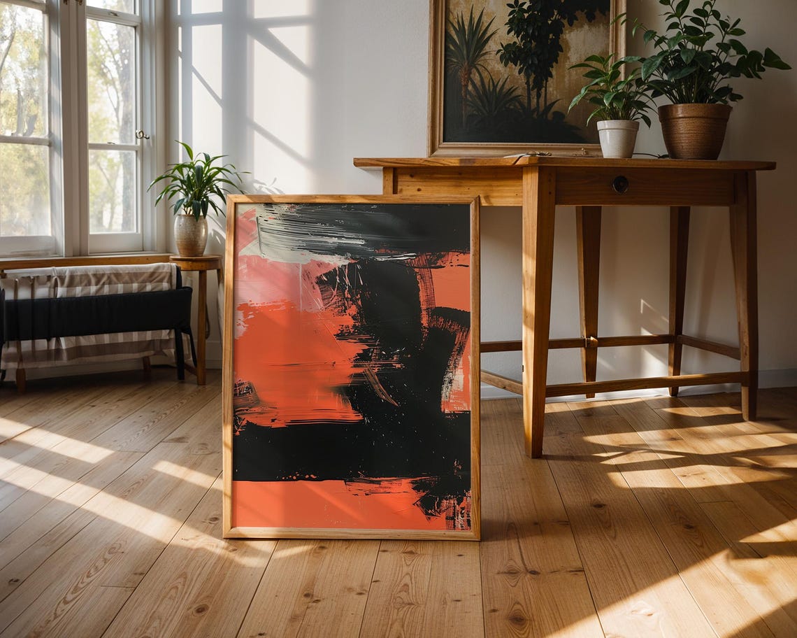 Fiery Red Orange and Black Bold Gestural Abstract Painting Poster - Image 3