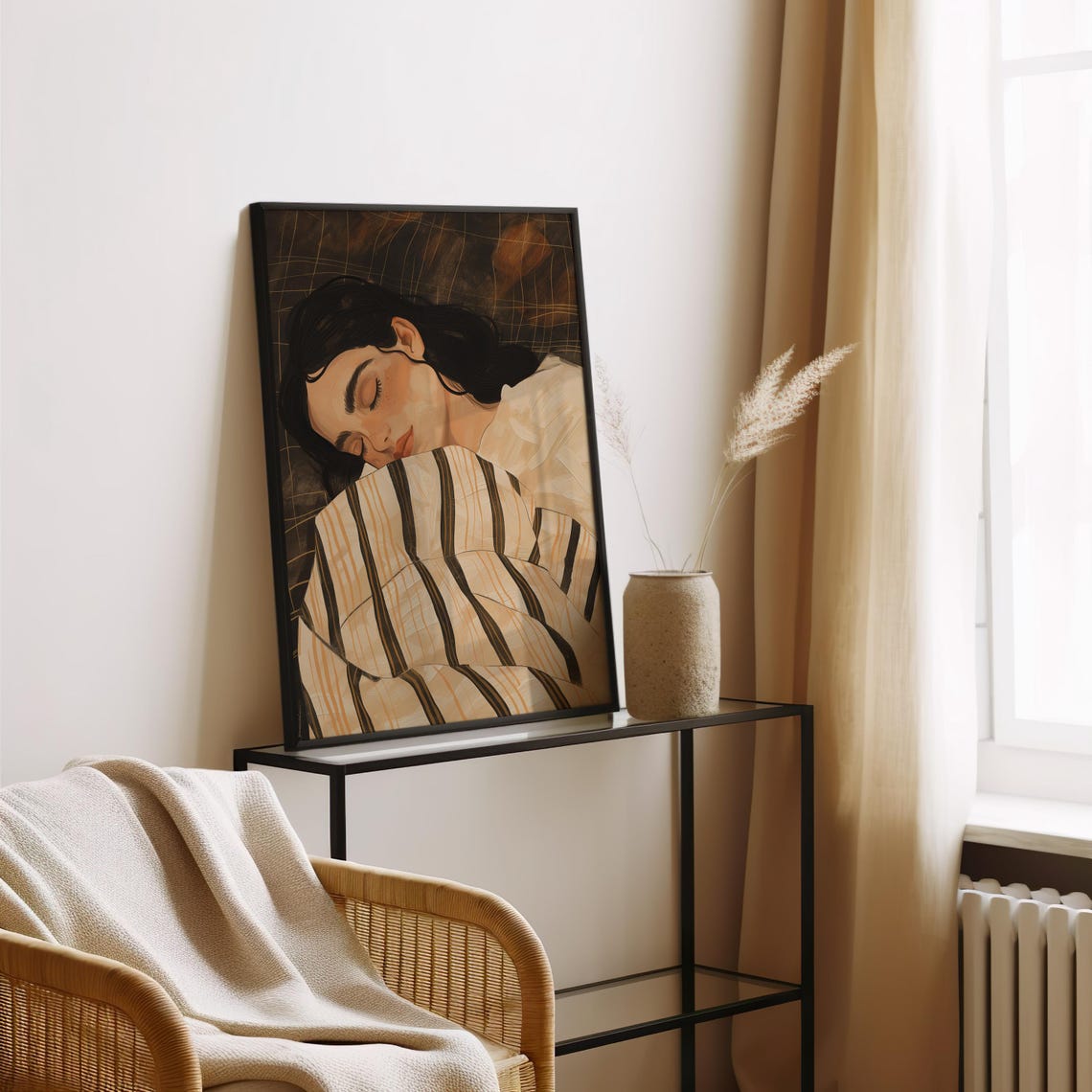 Sleeping Woman Under Beige Striped Blanket Vintage Art Poster - Image 3