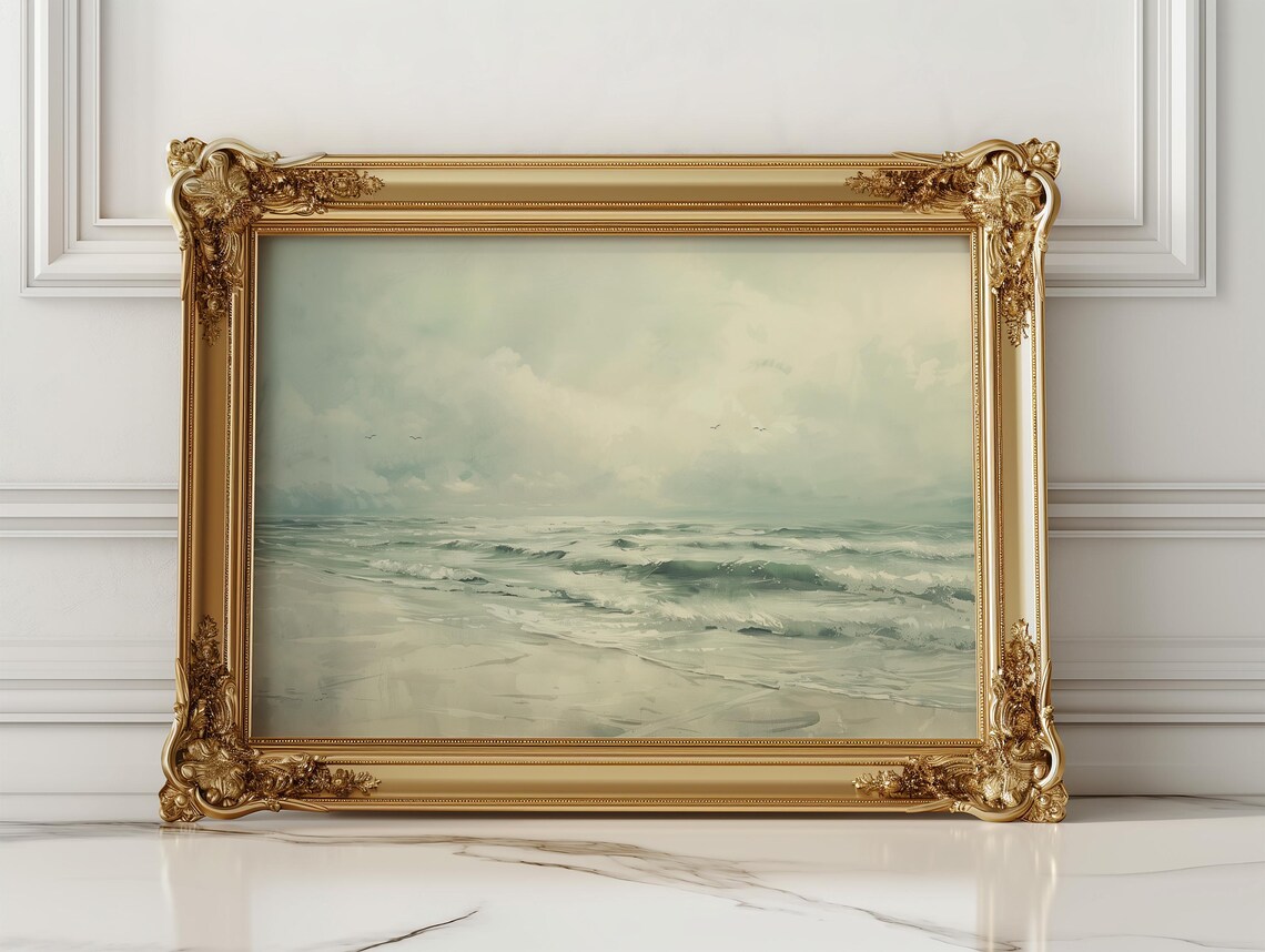 Misty Green Ocean Waves With Seabirds Seascape Painting Poster - Image 2