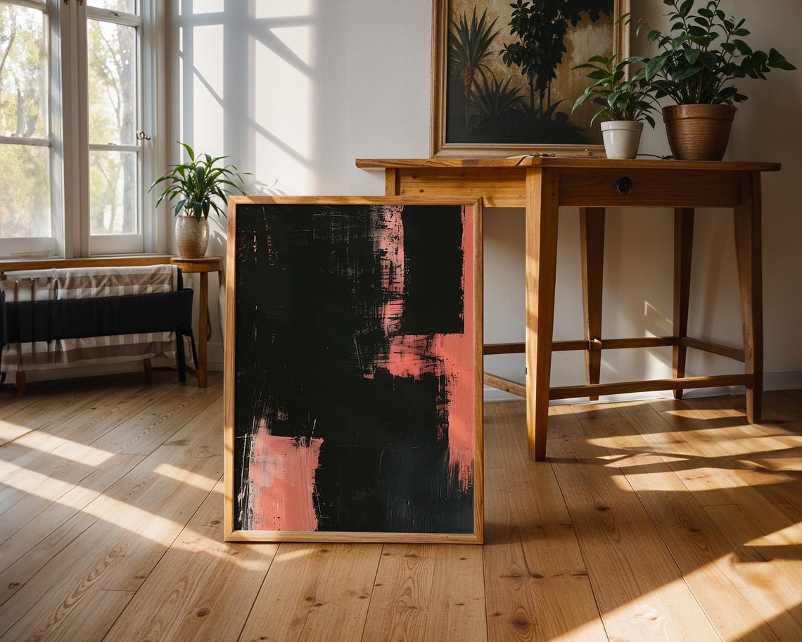 Abstract Black Salmon Pink Block Modern Decorative Art Poster - Image 3