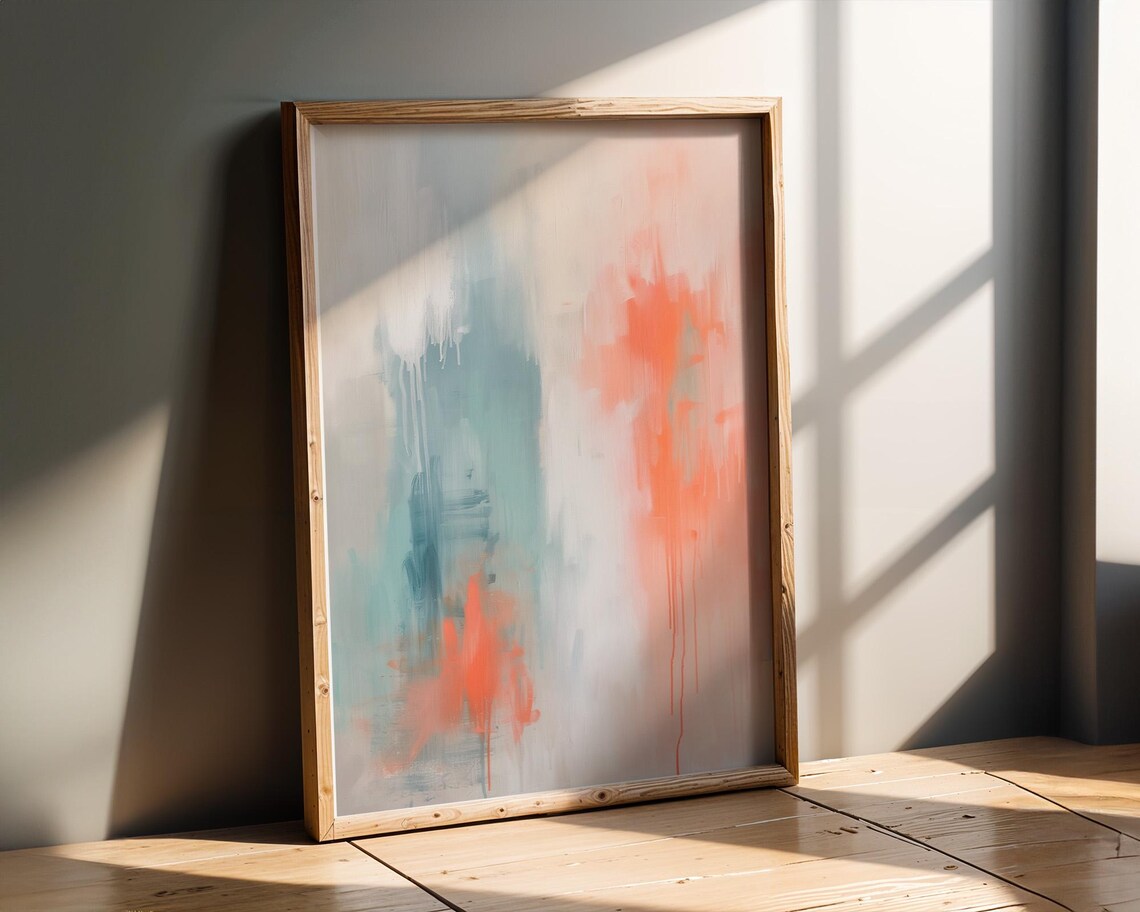 Coral Red And Teal Soft Abstract Color Field Wash Painting Poster - Image 2