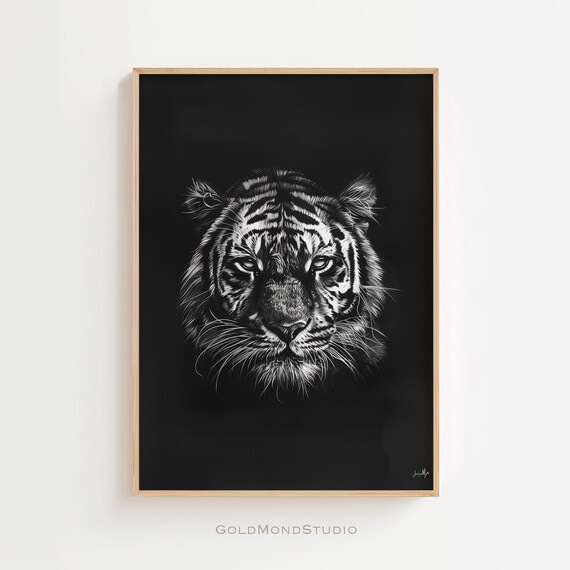 Tiger Face Close-Up Black Background Monochrome Portrait Poster