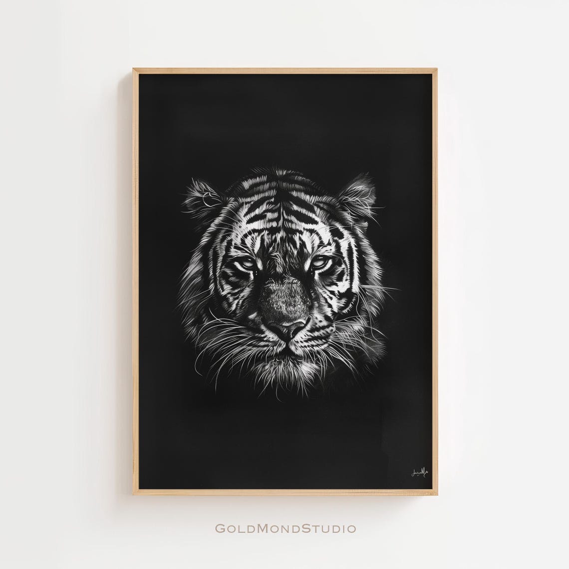 Tiger Face Close-Up Black Background Monochrome Portrait Poster