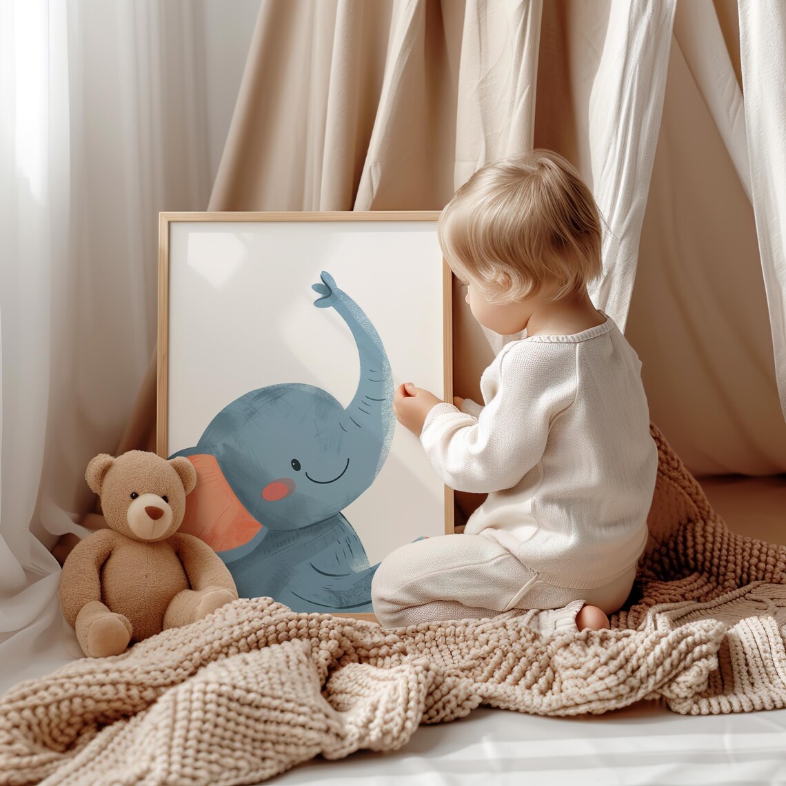 Happy Blue Baby Elephant with Raised Trunk and Coral Ears Poster - Image 2