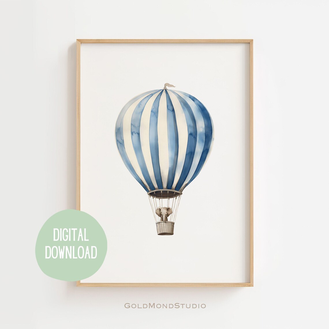 Blue and White Hot Air Balloon with Baby Elephant Watercolor Poster