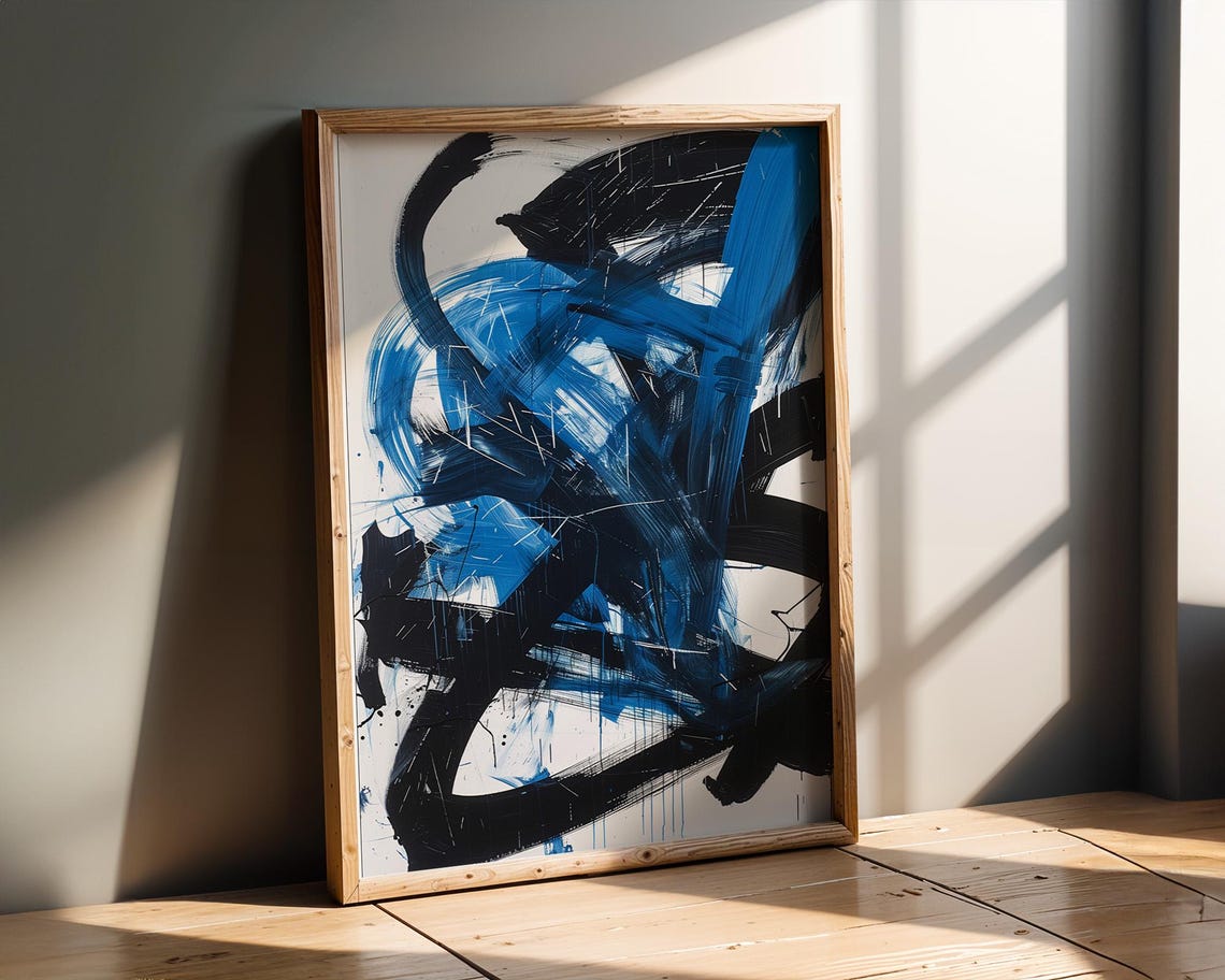 Expressive Cobalt Blue and Black Abstract Brushwork Art Poster - Image 2