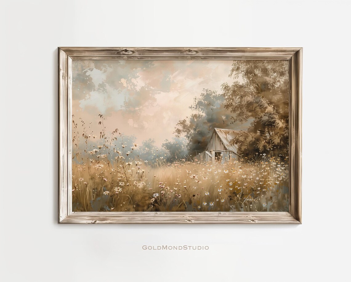 Weathered Old Barn Among Wildflowers At Sunrise Painting Poster