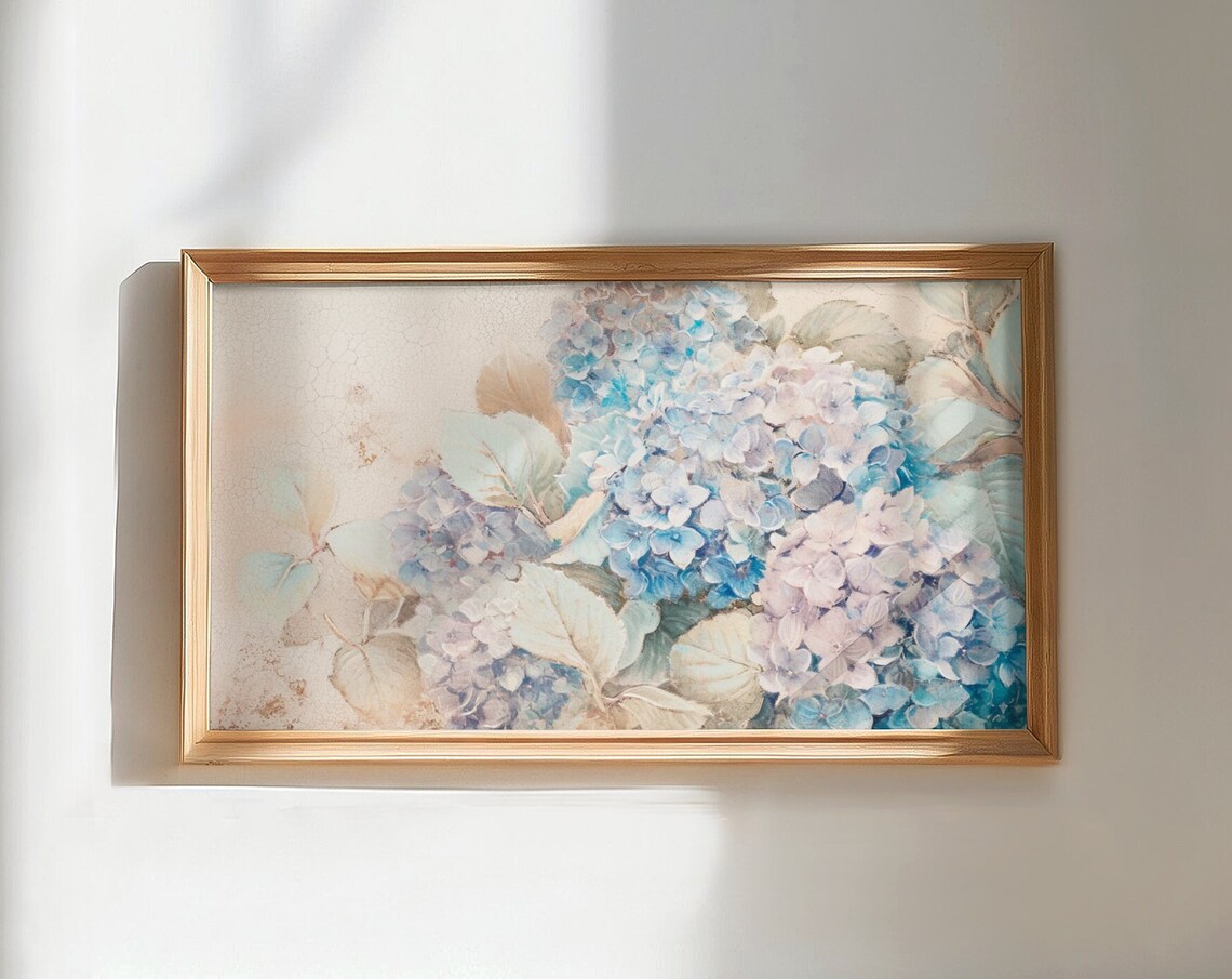 Soft Blue Pink Hydrangea Blooms Vintage Floral Painting Poster