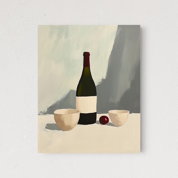 Minimalist Wine Bottle With Bowls Neutral Modern Still Life Art Poster