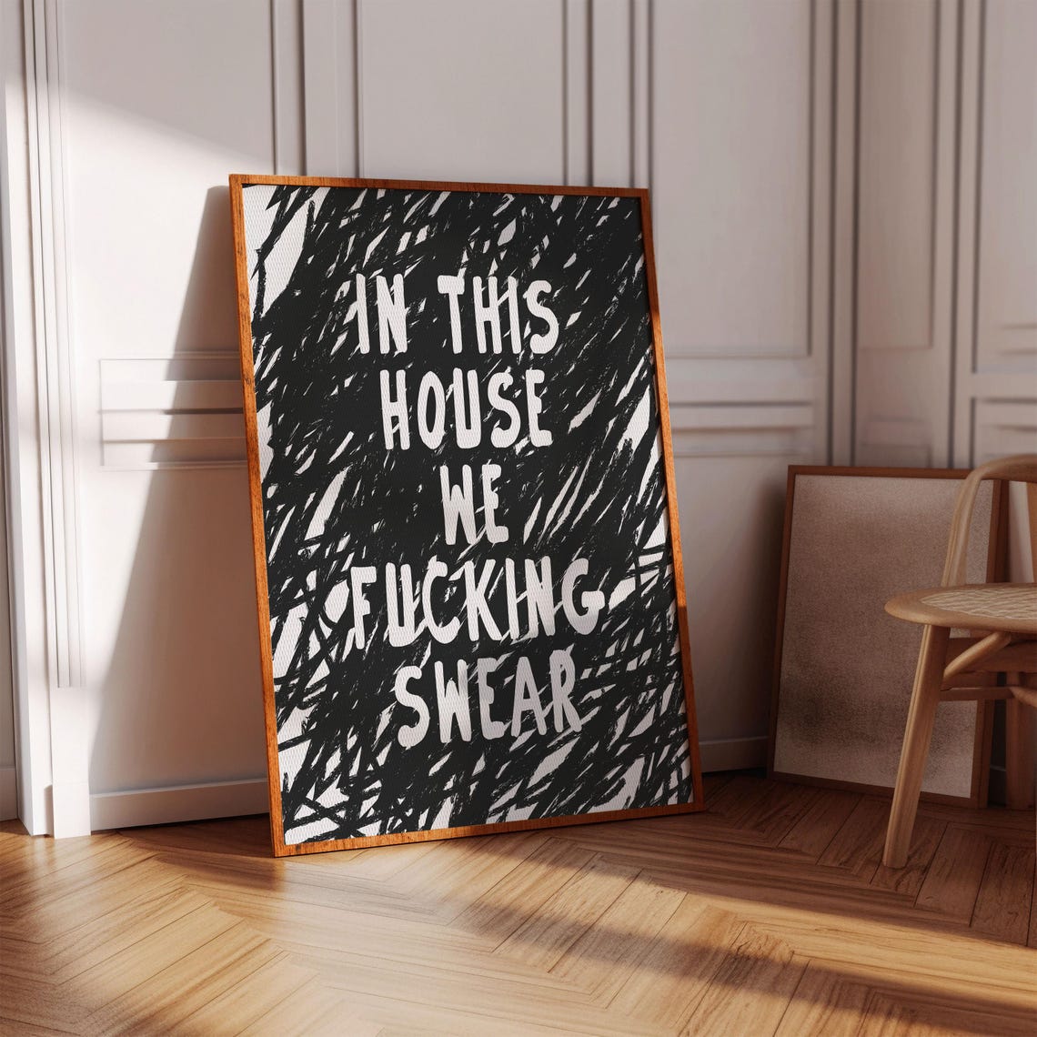 In This House We Swear Bold Black Scribble Funny Typography Poster
