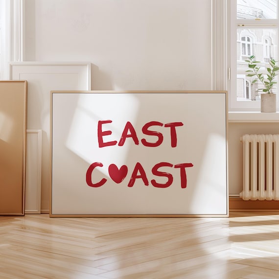 East Coast Red Heart Brush Letter Coastal Beach House Decor Poster