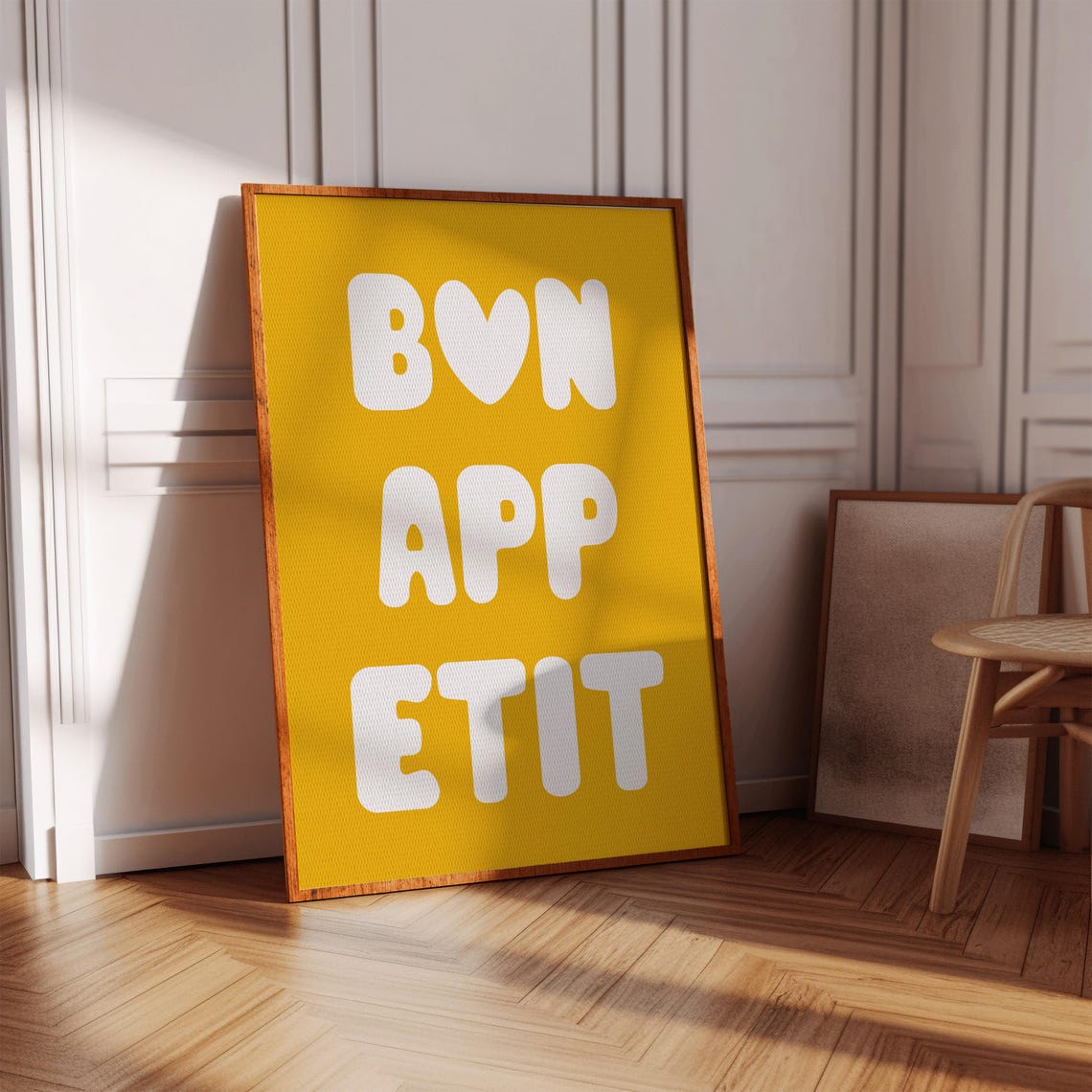 Bon Appetit White Bubble Letters Mustard Yellow Kitchen Saying Poster