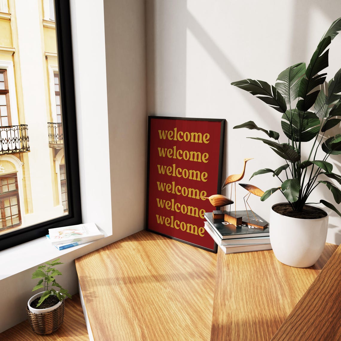 Welcome Retro Mustard On Red Poster Bold Repeated Greeting Decor - Image 3