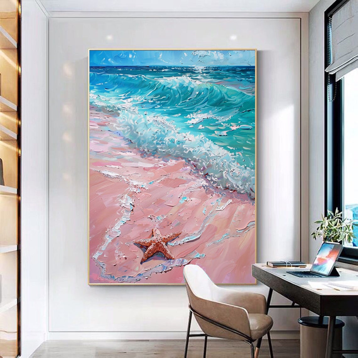 Turquoise Waves On Pink Sand Beach With Starfish Coastal Art Poster - Image 6