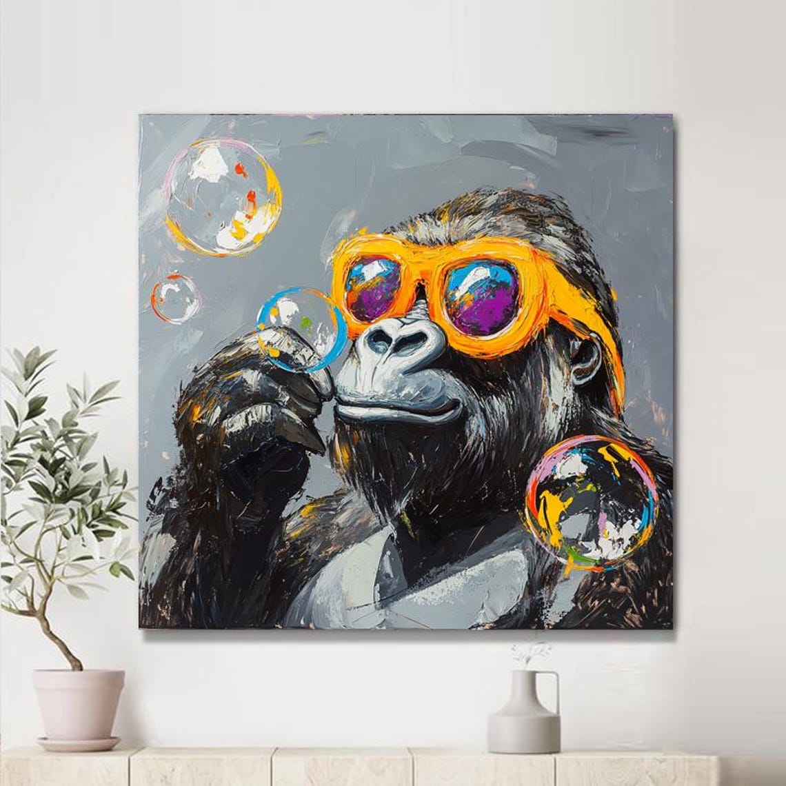 Playful Gorilla in Orange Sunglasses Blowing Shiny Bubbles Wall Art