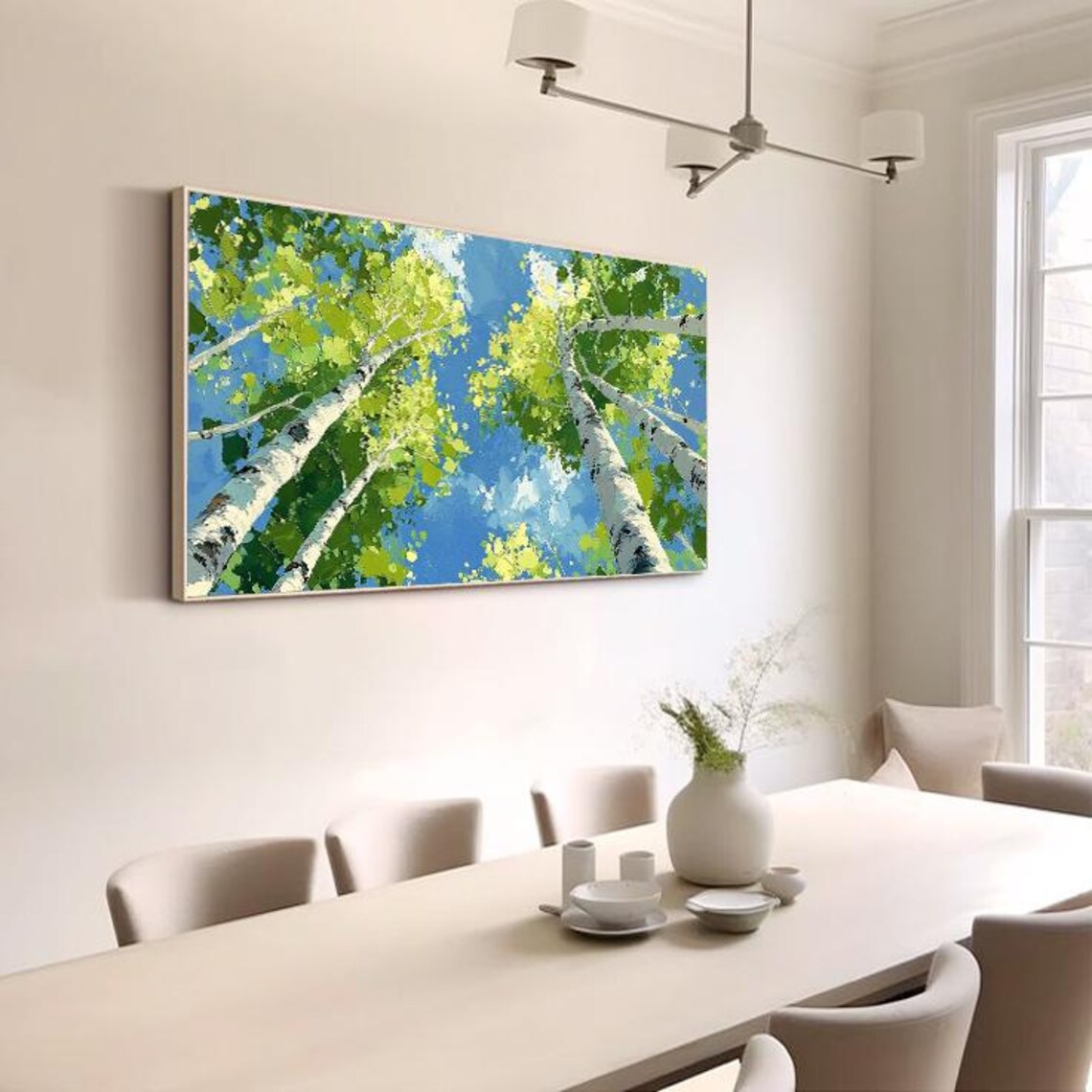 Green Birch Forest Abstract Oil Painting - Image 5