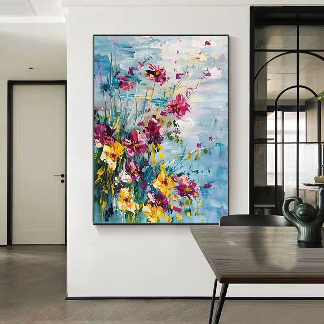 Pink Yellow Wildflowers Textured 3D Floral Vertical Painting Poster - Image 2
