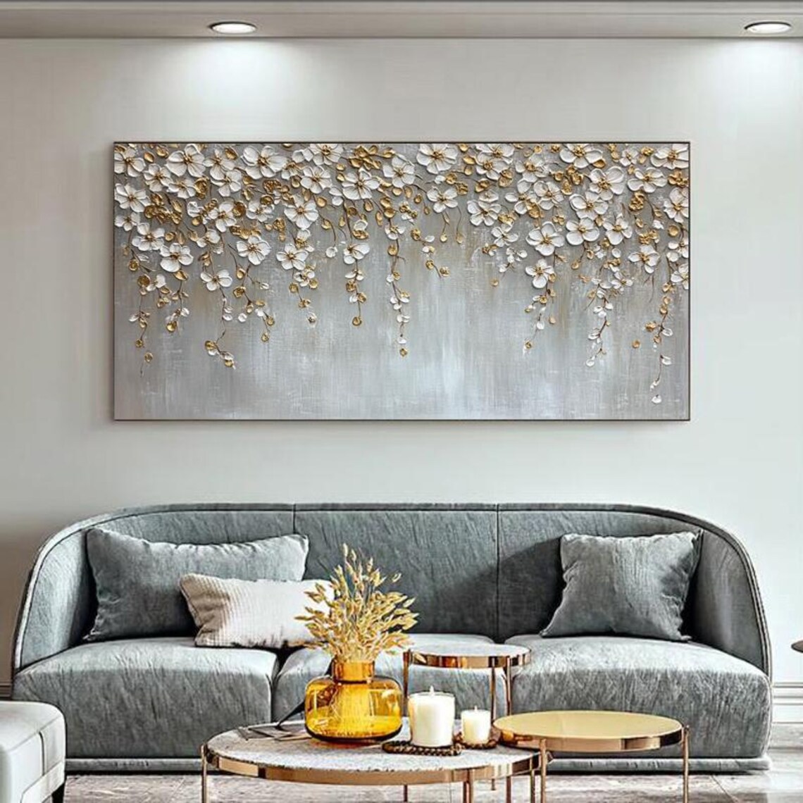 White Hanging Blossom Branch Gold Accent Floral Art Painting Poster - Image 3