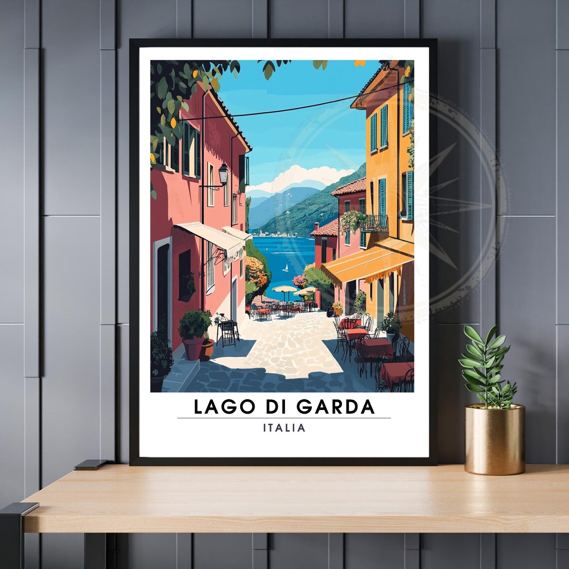 Lago Di Garda Italia Lakeside Cafe Street Scene Vintage Travel Poster