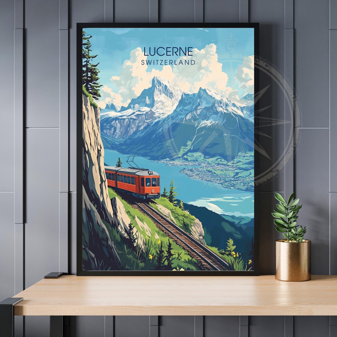Lucerne Switzerland Mountain Railway Vintage Style Travel Poster