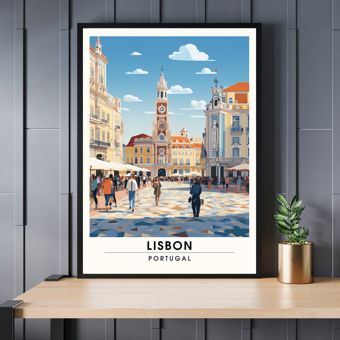 Lisbon Portugal City Square Vintage Travel Illustration Poster