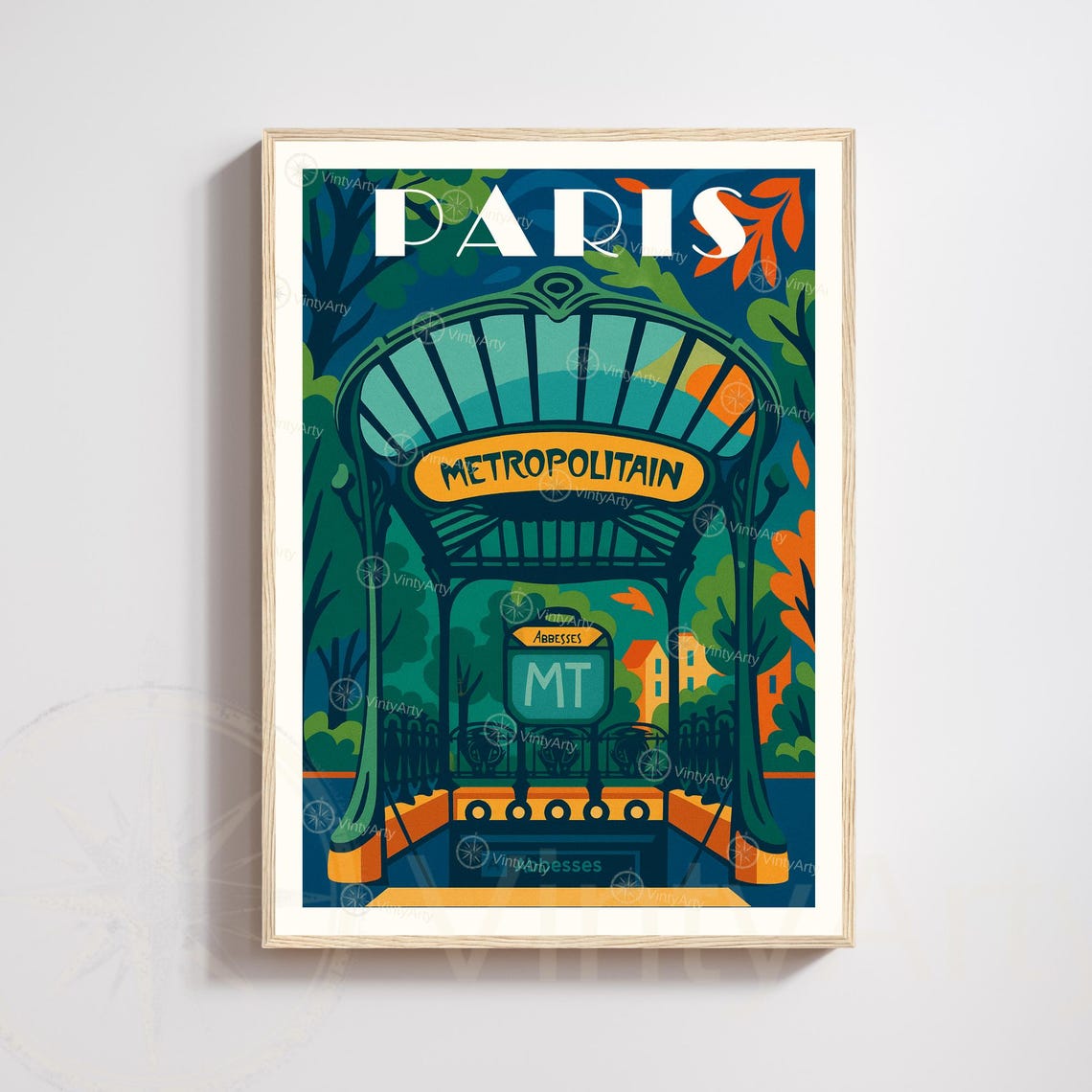 Paris Metropolitain Abbesses Night Metro Art Deco Travel Poster