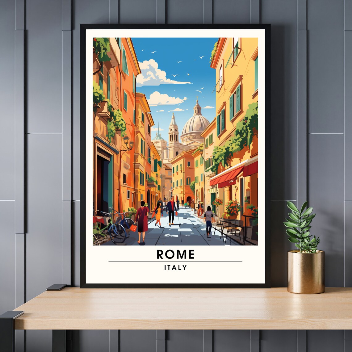 Rome Italy Sunlit Street Historic Dome Vintage Cityscape Travel Poster