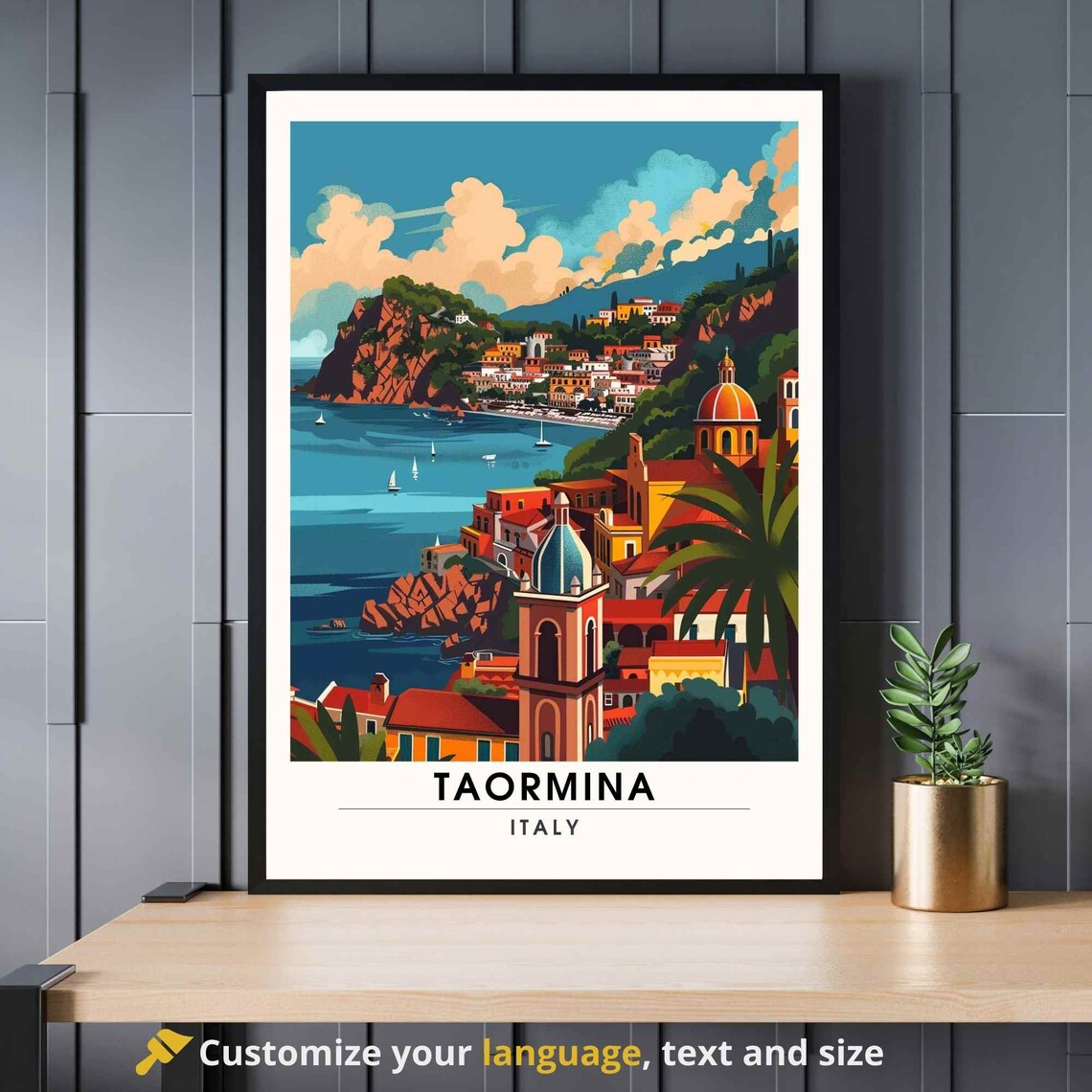 Taormina Italy Sicilian Coast Town Vintage Illustration Poster
