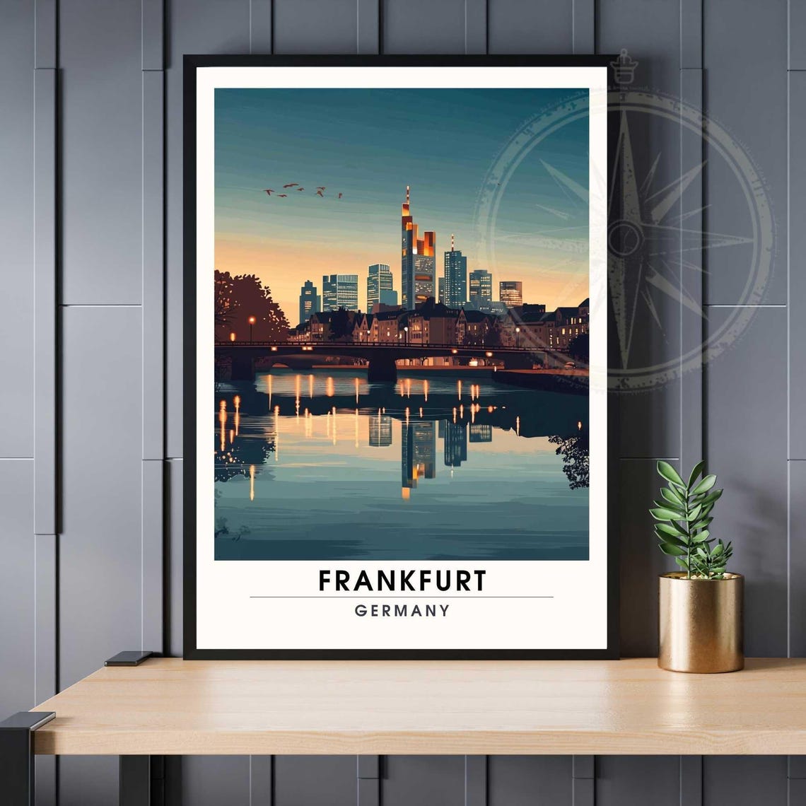 Frankfurt Skyline Sunset River Reflection Germany Travel Poster