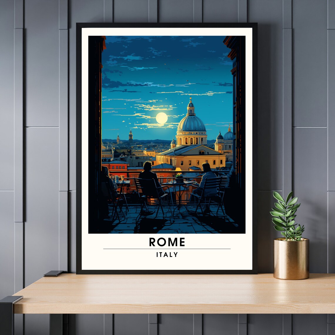 Rome Italy Cafe Terrace Night Poster Full Moon Domes Skyline View
