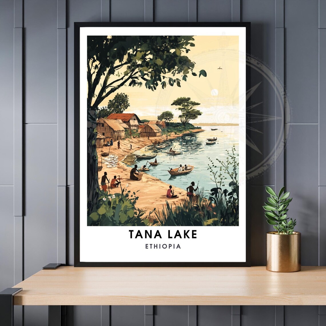 Tana Lake Ethiopia Vintage Travel Poster Lakeside Village Boats Art