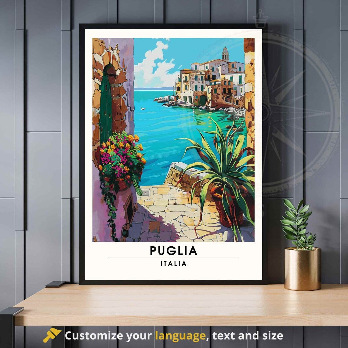 Puglia Italia Coastal Cliff Village Sea View Vintage Travel Poster