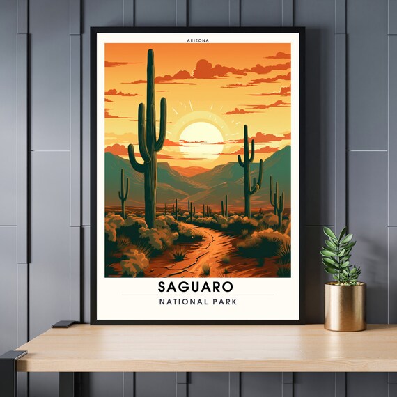 Saguaro National Park Arizona Cactus Desert Golden Sunset Poster