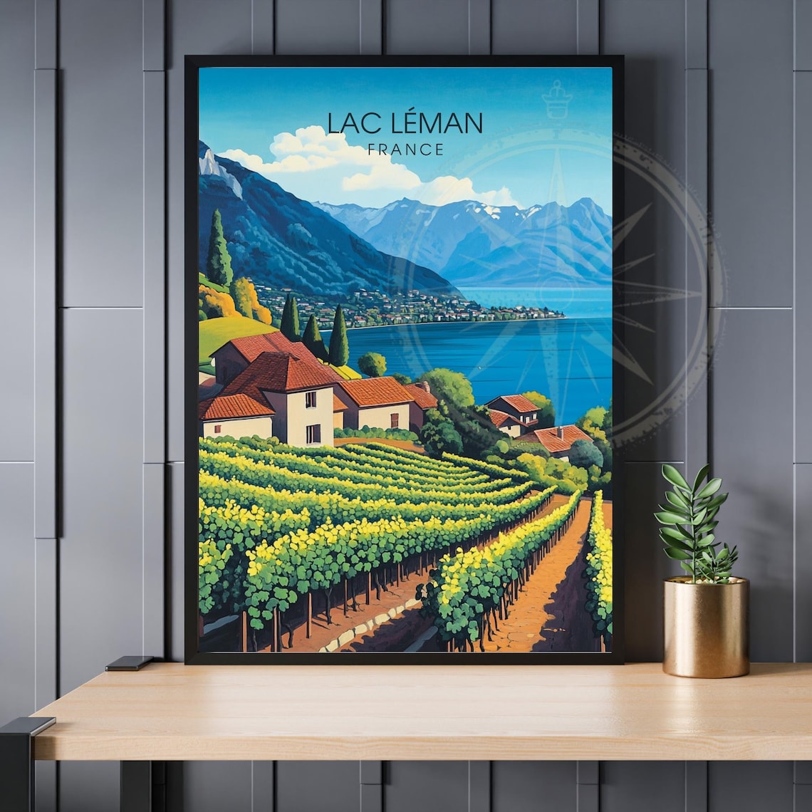 Lac Leman France Vineyard Lakeside Village Vintage Travel Poster