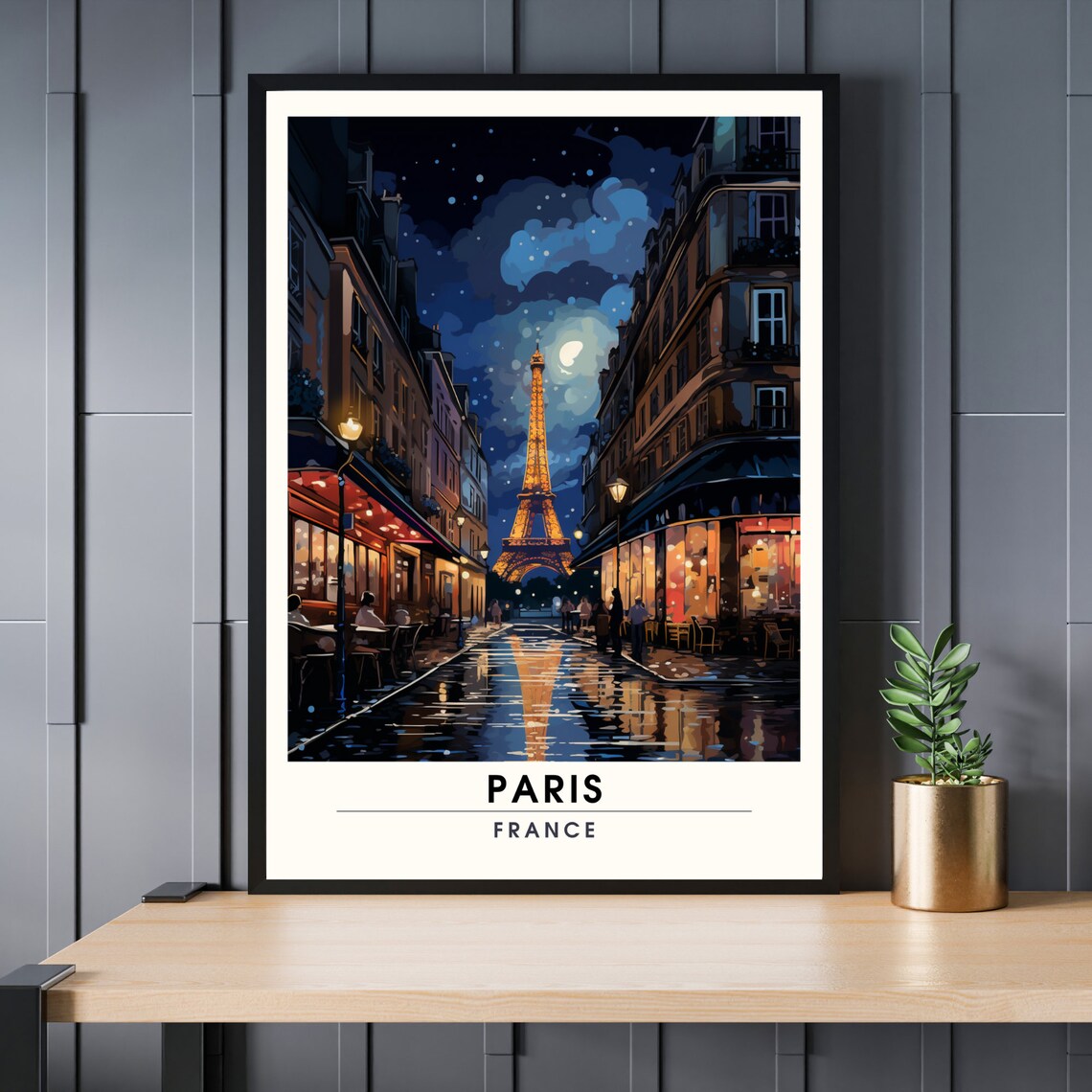 Paris France Eiffel Tower Night Street Cityscape Travel Poster