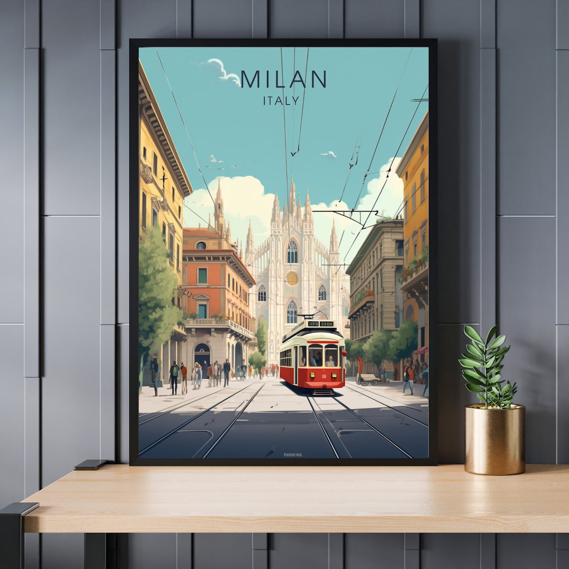 Milan Italy Travel Poster with Retro Tram Street and Duomo Cathedral