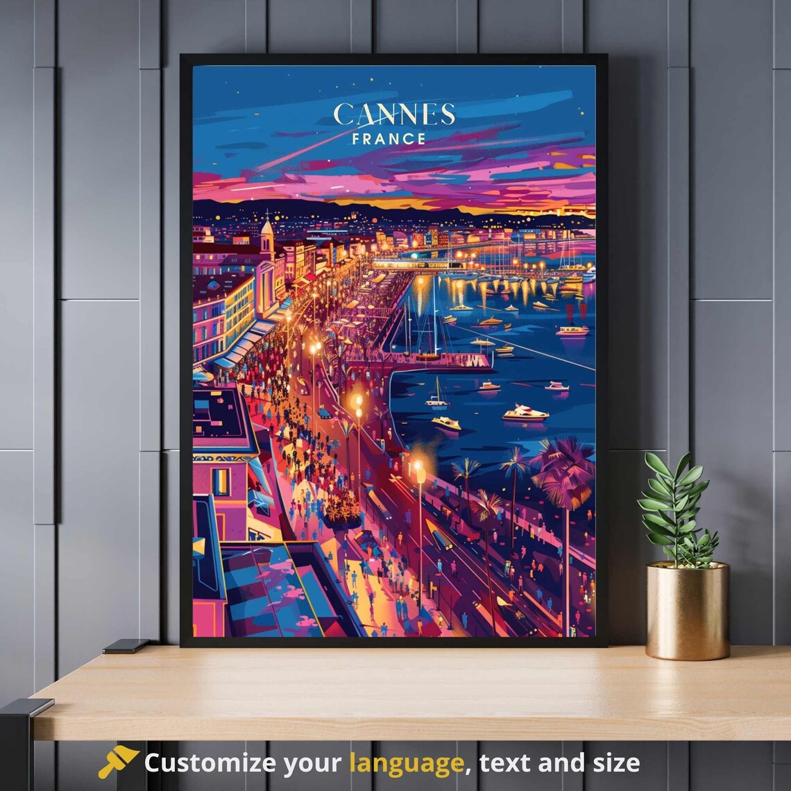 Cannes France Night Promenade Yachts Travel Poster Riviera Art