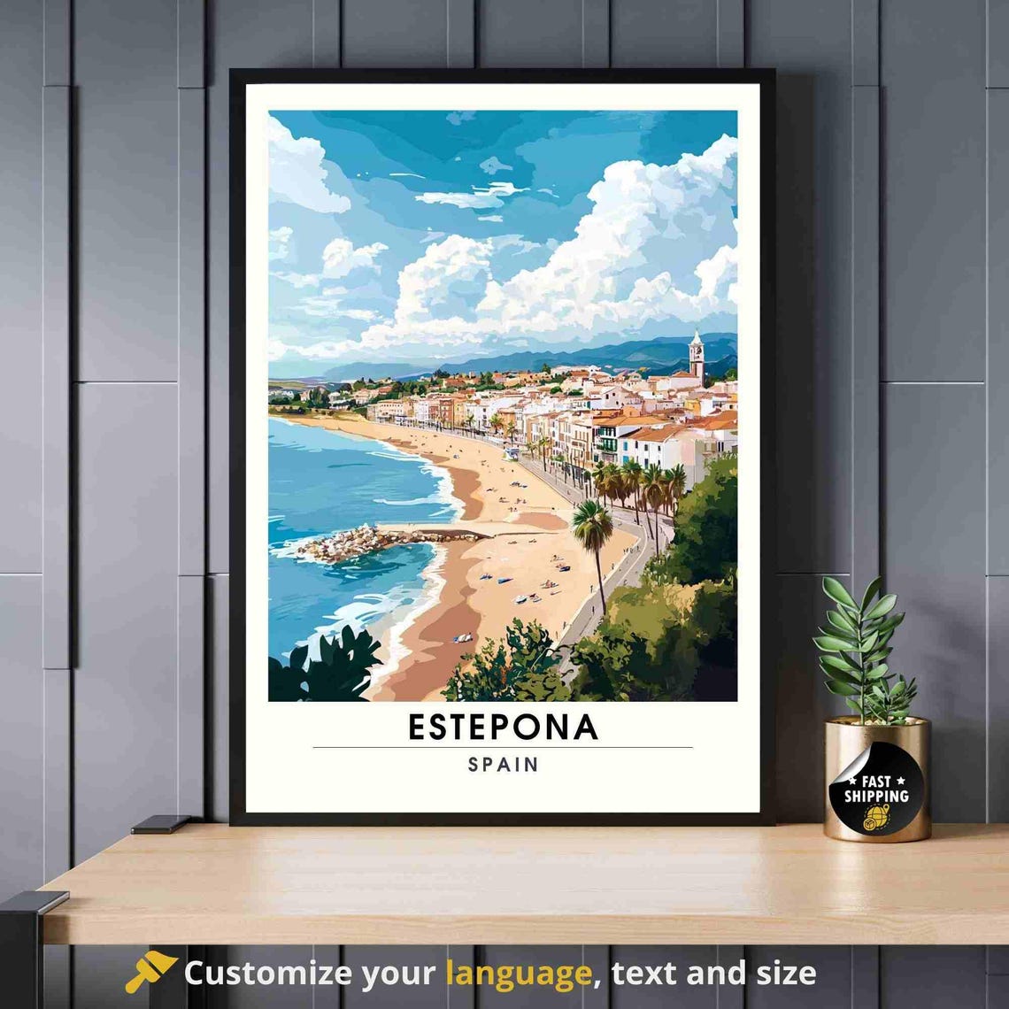 Estepona Spain Sunny Beach Promenade Palms Retro Coast Travel Poster