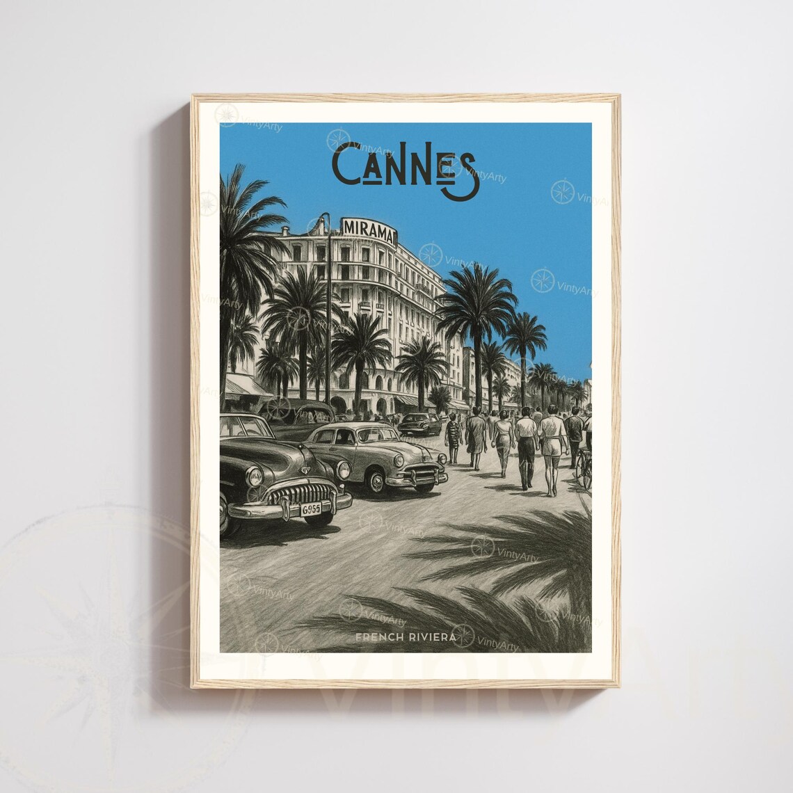 Cannes French Riviera Miramar Hotel Vintage Cars Travel Poster