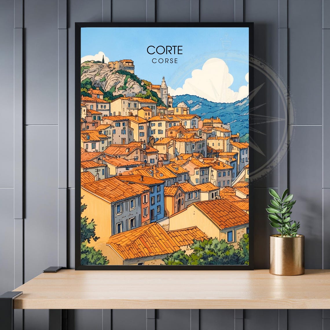 Corte Corsica Hilltop Citadel Rooftops Illustration Travel Poster